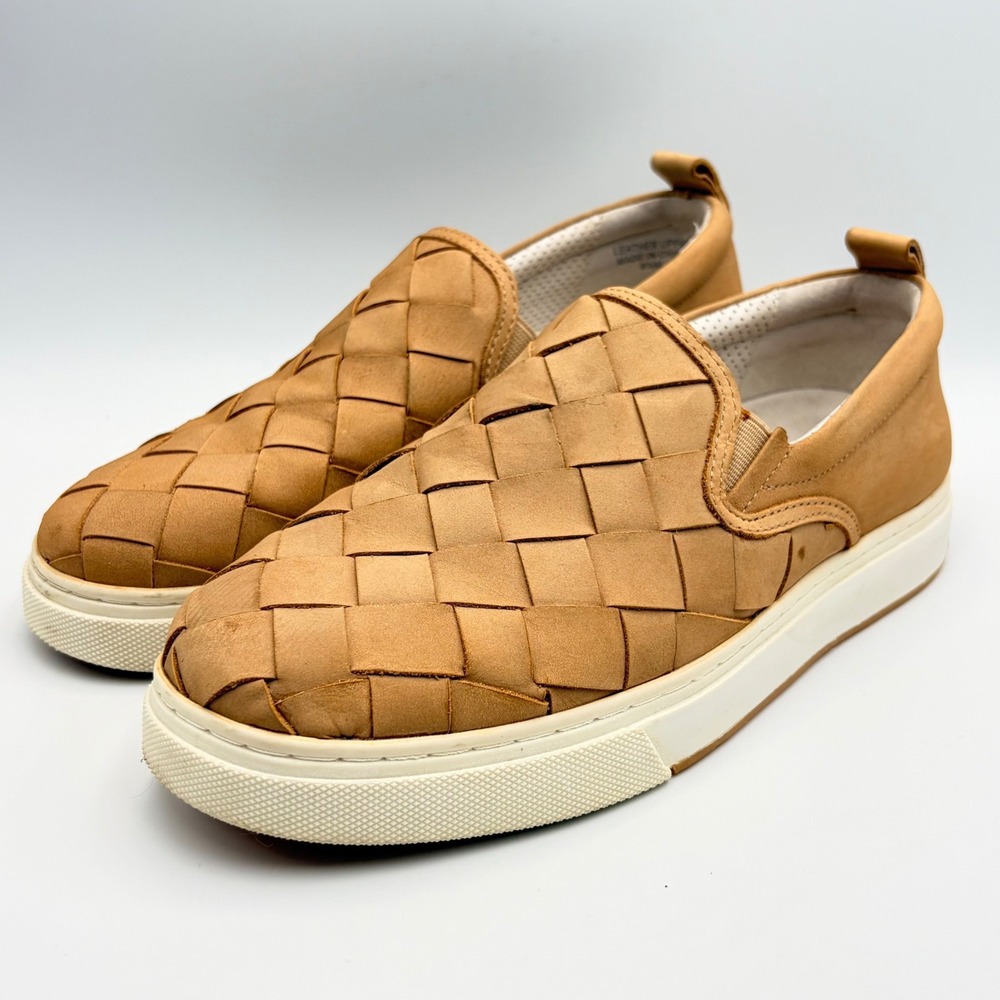 J/Slides NYC Woven Leather Slip On Sneakers Tan Basketweave Platform Womens 8.5M